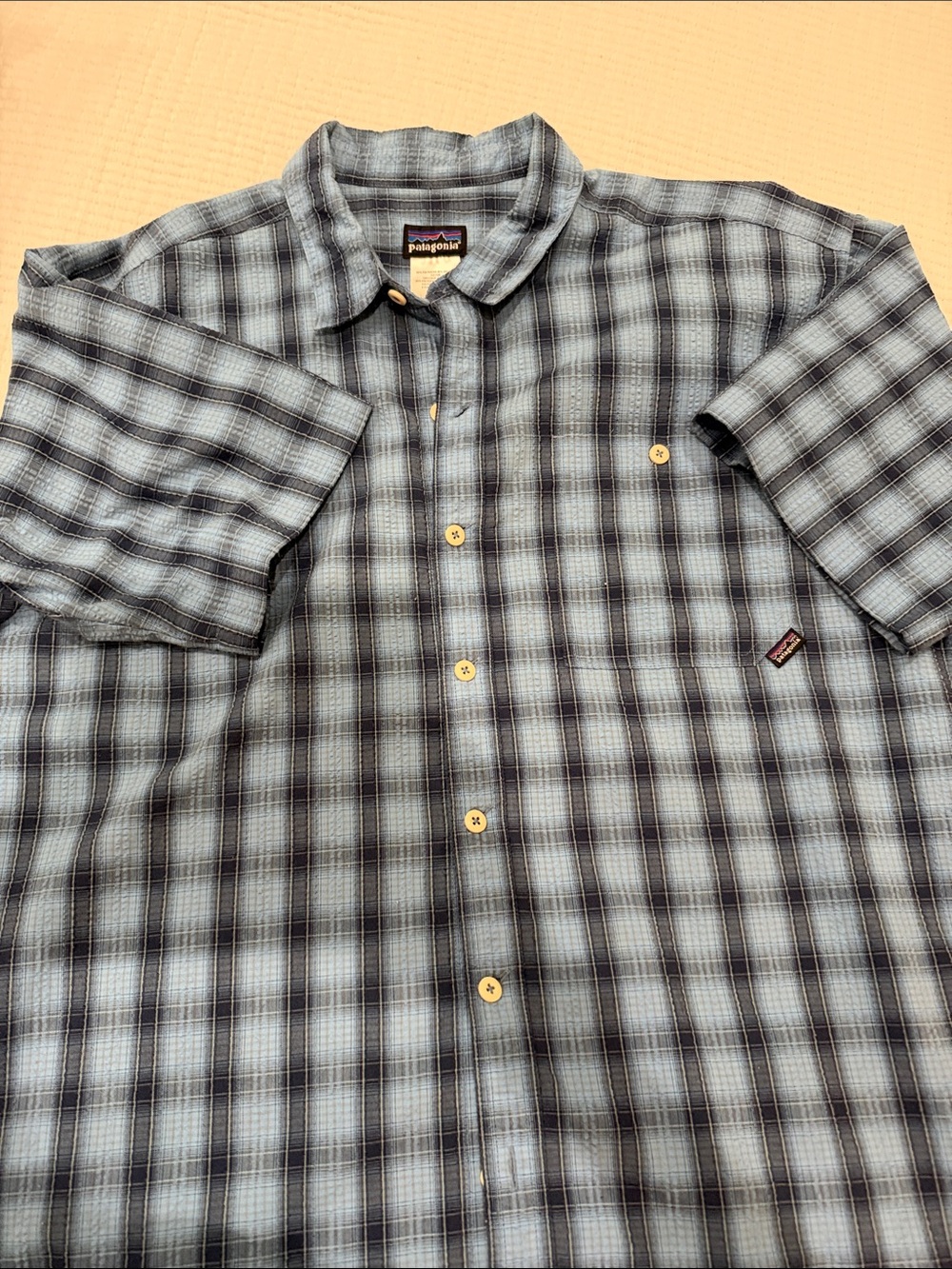 Patagonia Light Blue and Black Plaid Short-Sleeve Button-Up Shirt